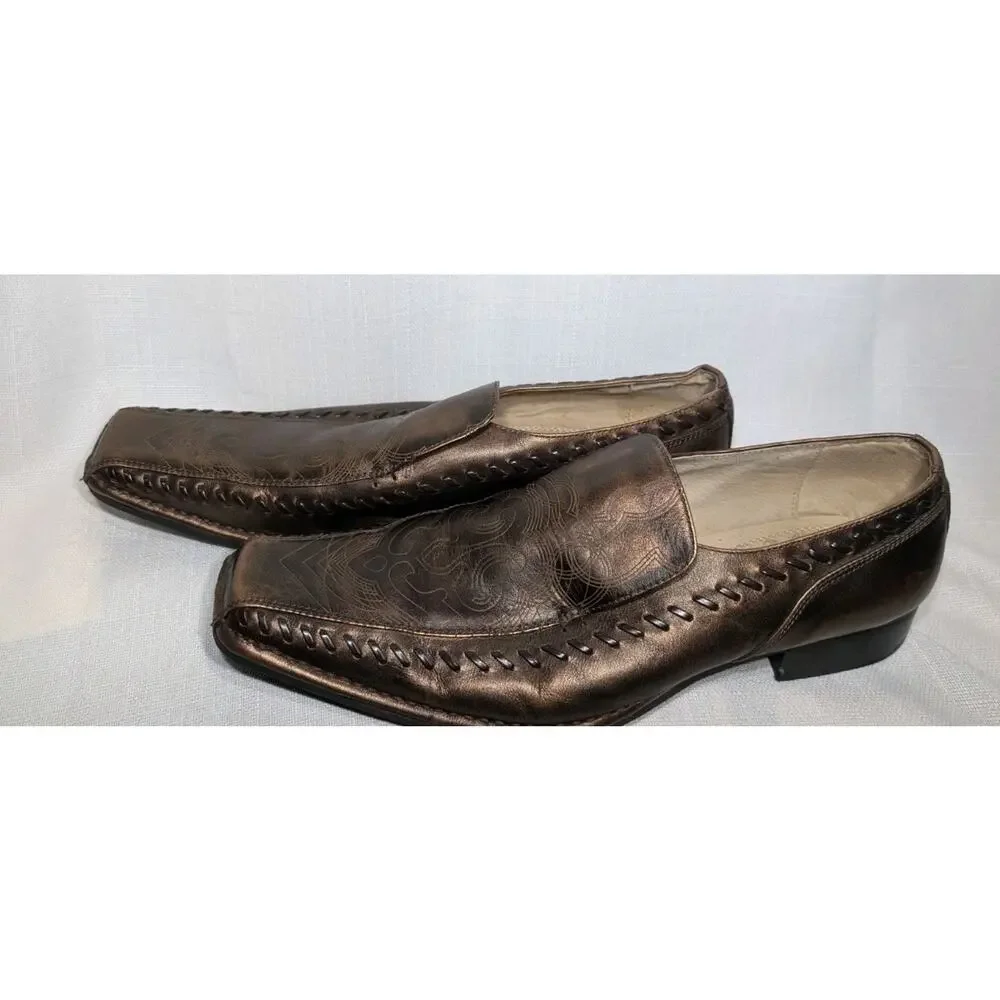Stacy Adams Mens Western Leather Loafers 11.5 Brown Square Toe Bronze Metallic‎